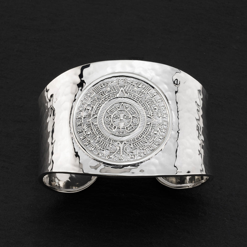 large hammered silver Aztec calendar cuff bracelet