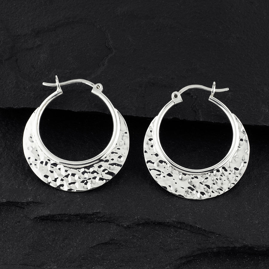 large hammered silver crescent moon hoop earrings