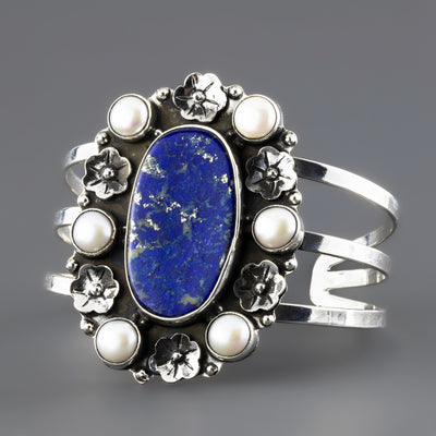 large lapis and pearl stone cuff bracelet