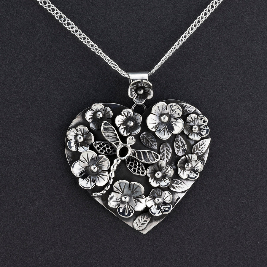 large Mexican silver heart pendant necklace