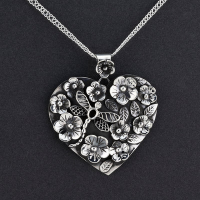 large Mexican silver heart pendant necklace