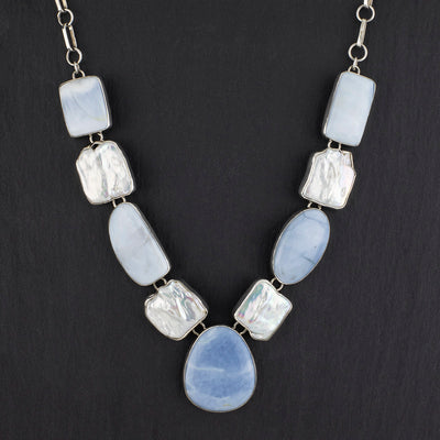 large pearl and blue lace agate stone necklace