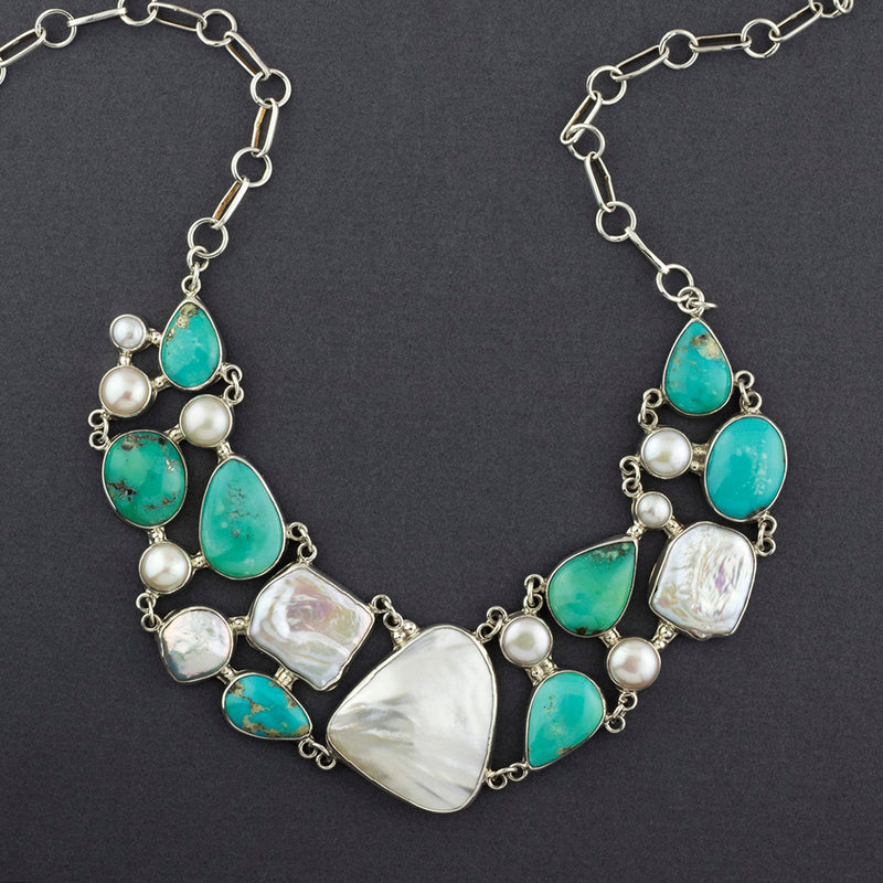 large pearl and turquoise silver bib necklace