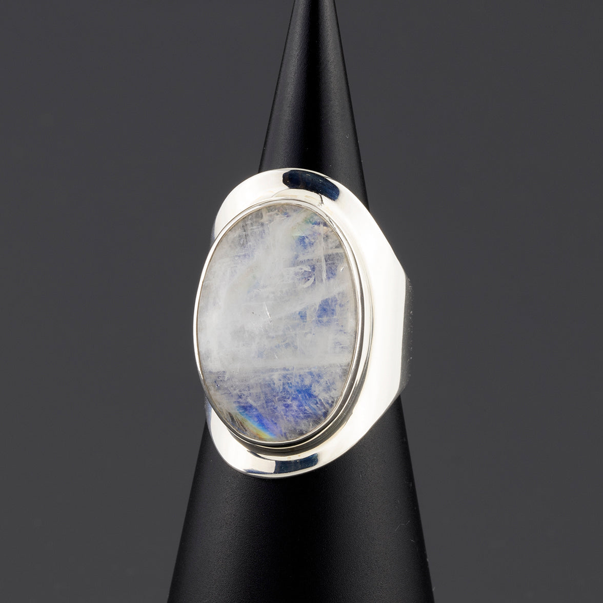 large rainbow moonstone silver ring