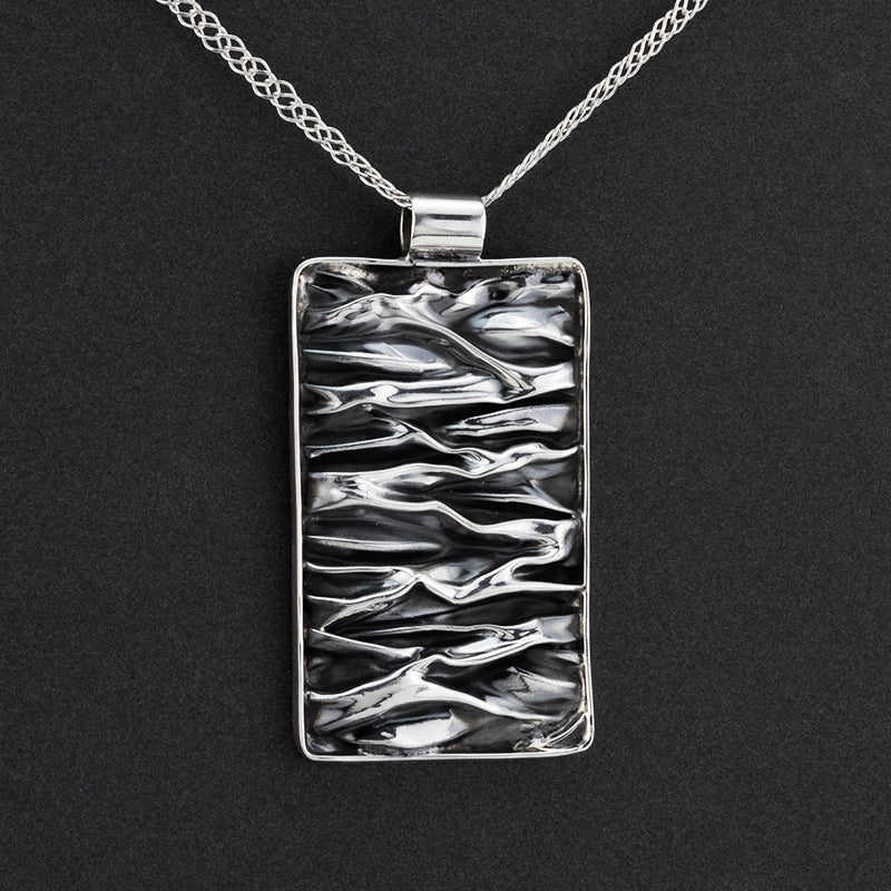 large rectangle corrugated Mexican silver pendant necklace
