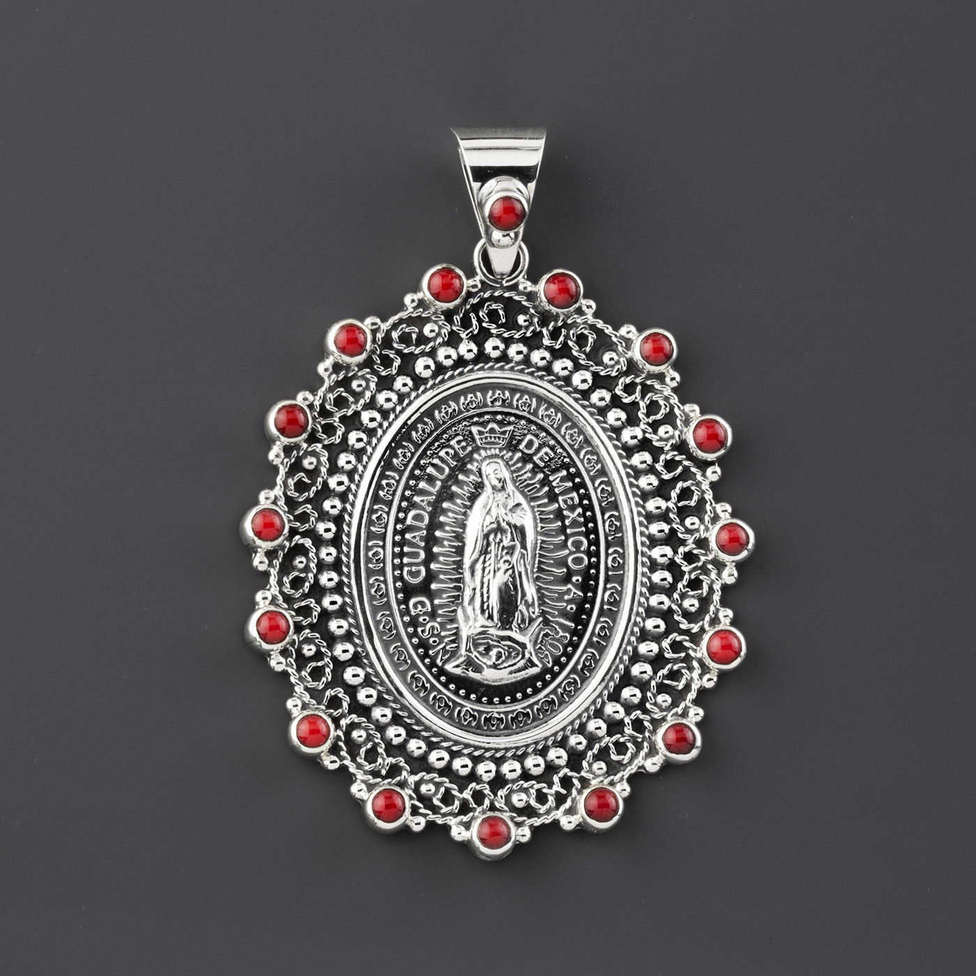large red corqal sterling silver guadalupe pendant