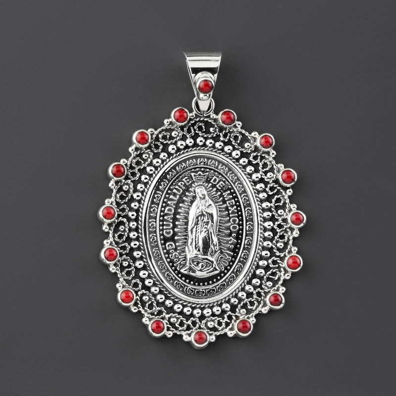 large red corqal sterling silver guadalupe pendant