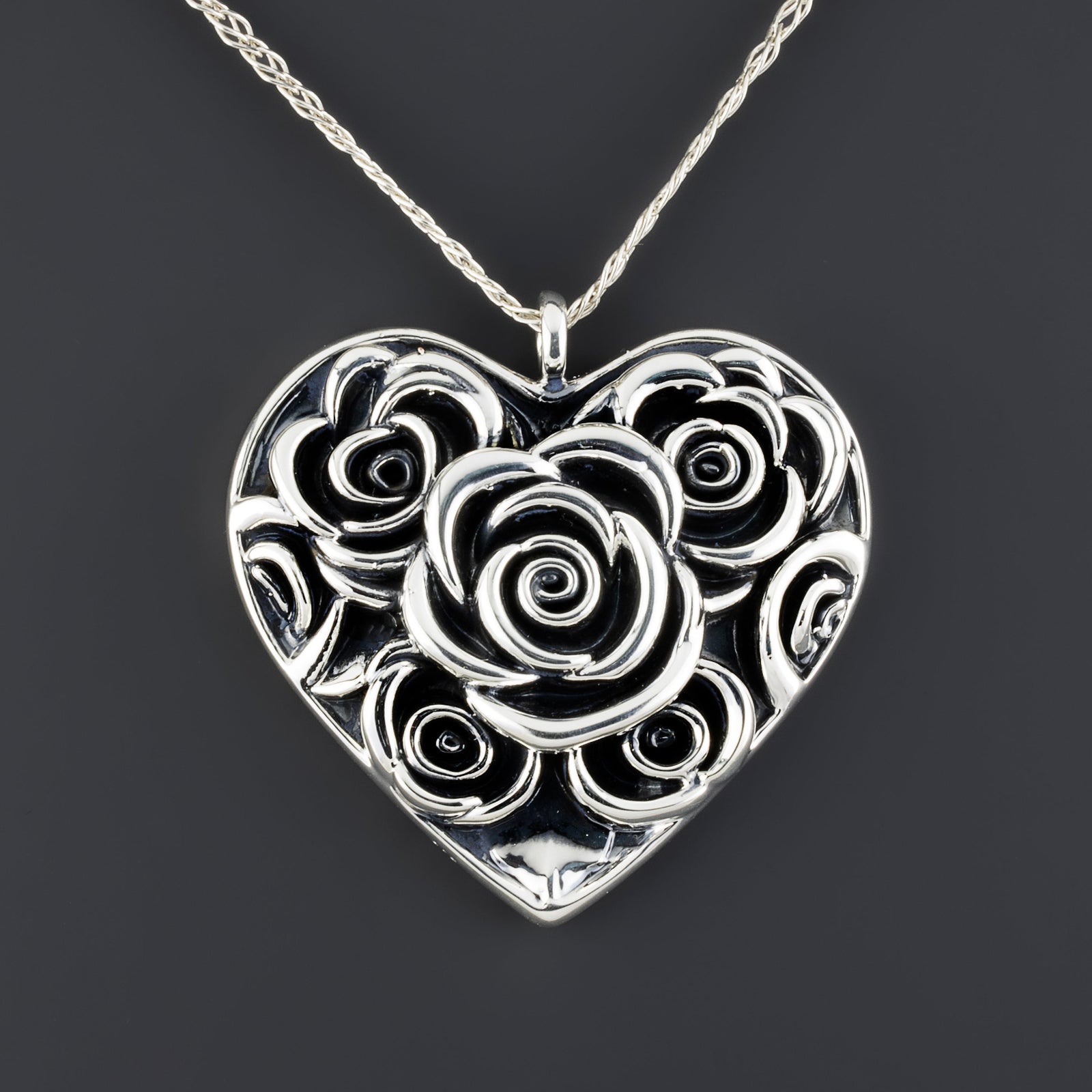 large rose heart pendant in sterling silver