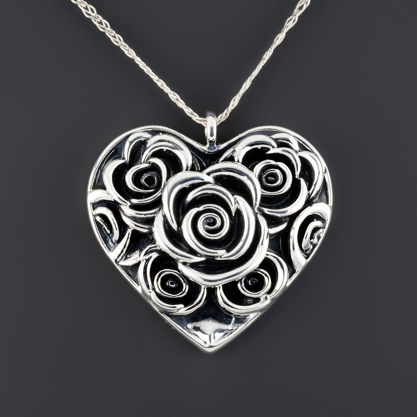 large rose heart pendant in sterling silver