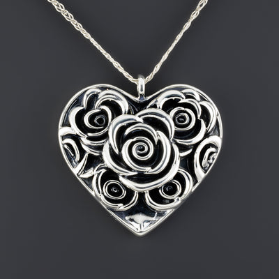 large rose heart pendant in sterling silver