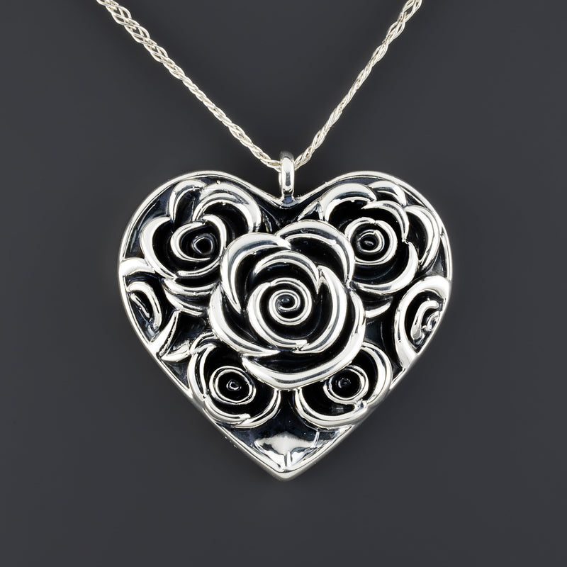 large rose heart pendant in sterling silver
