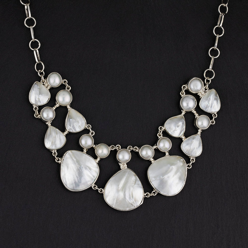 large silver and white pearl statement bib necklace