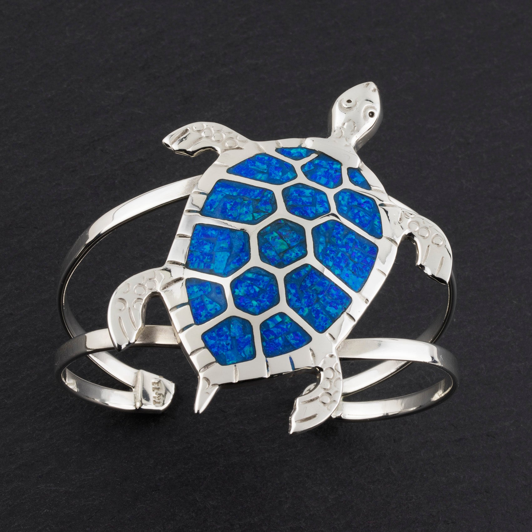 large sterling silver and blue opal sea turtle cuff bracelet