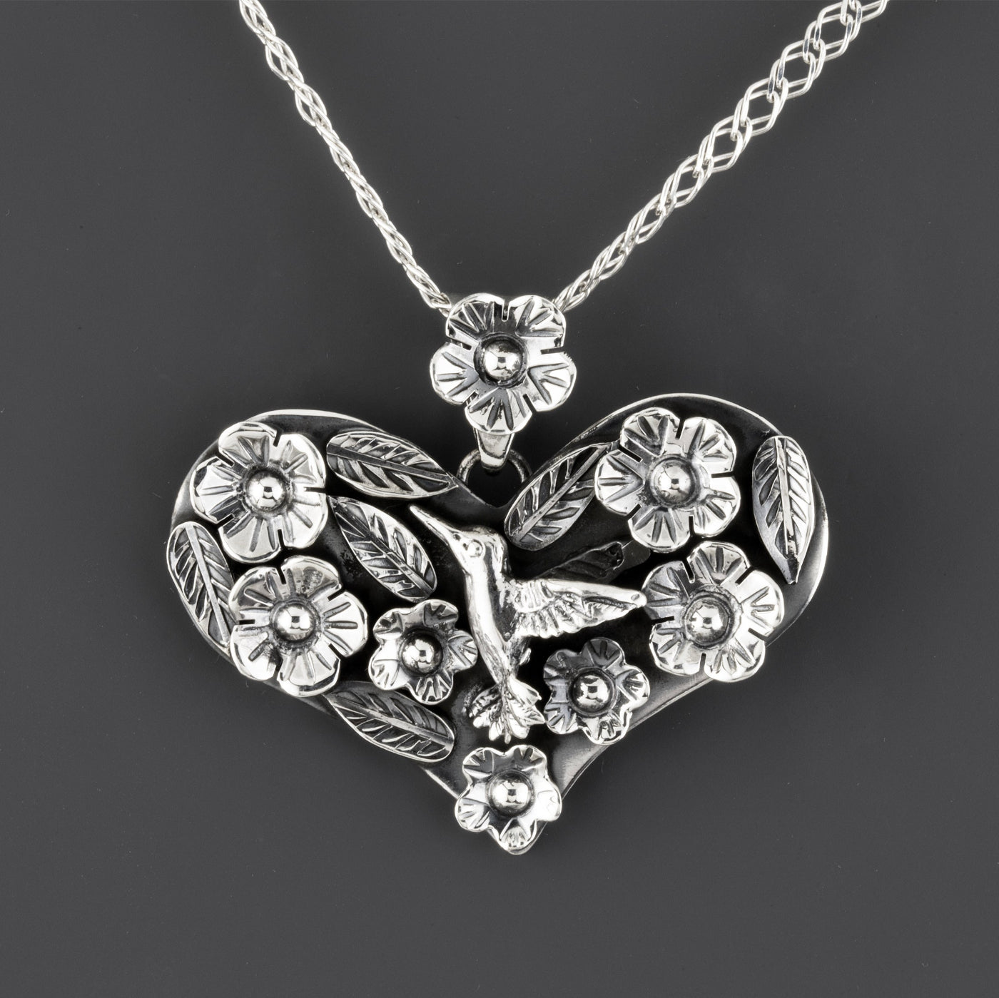 large sterling silver hummingbird heart pendant
