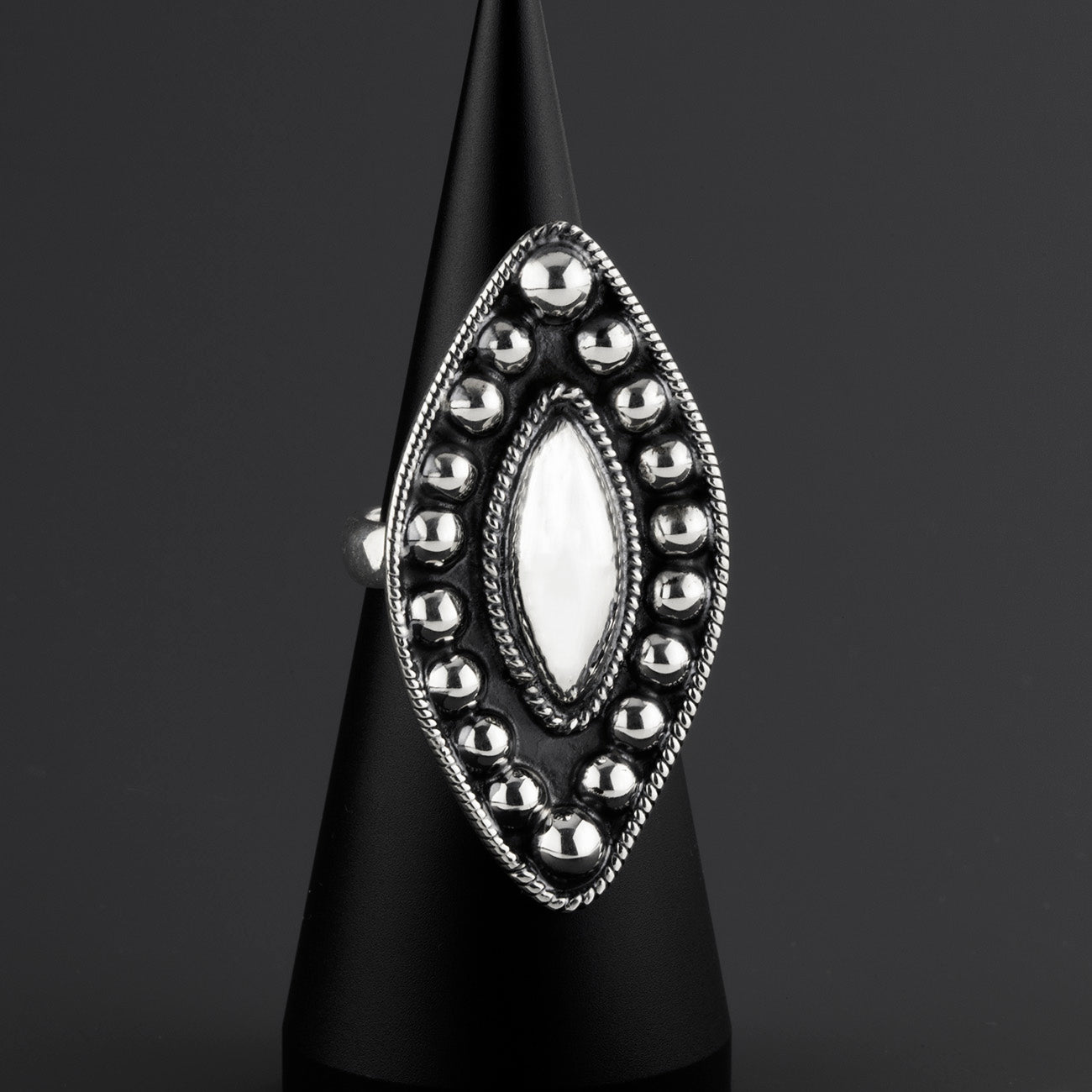 large Taxco silver marquise ring