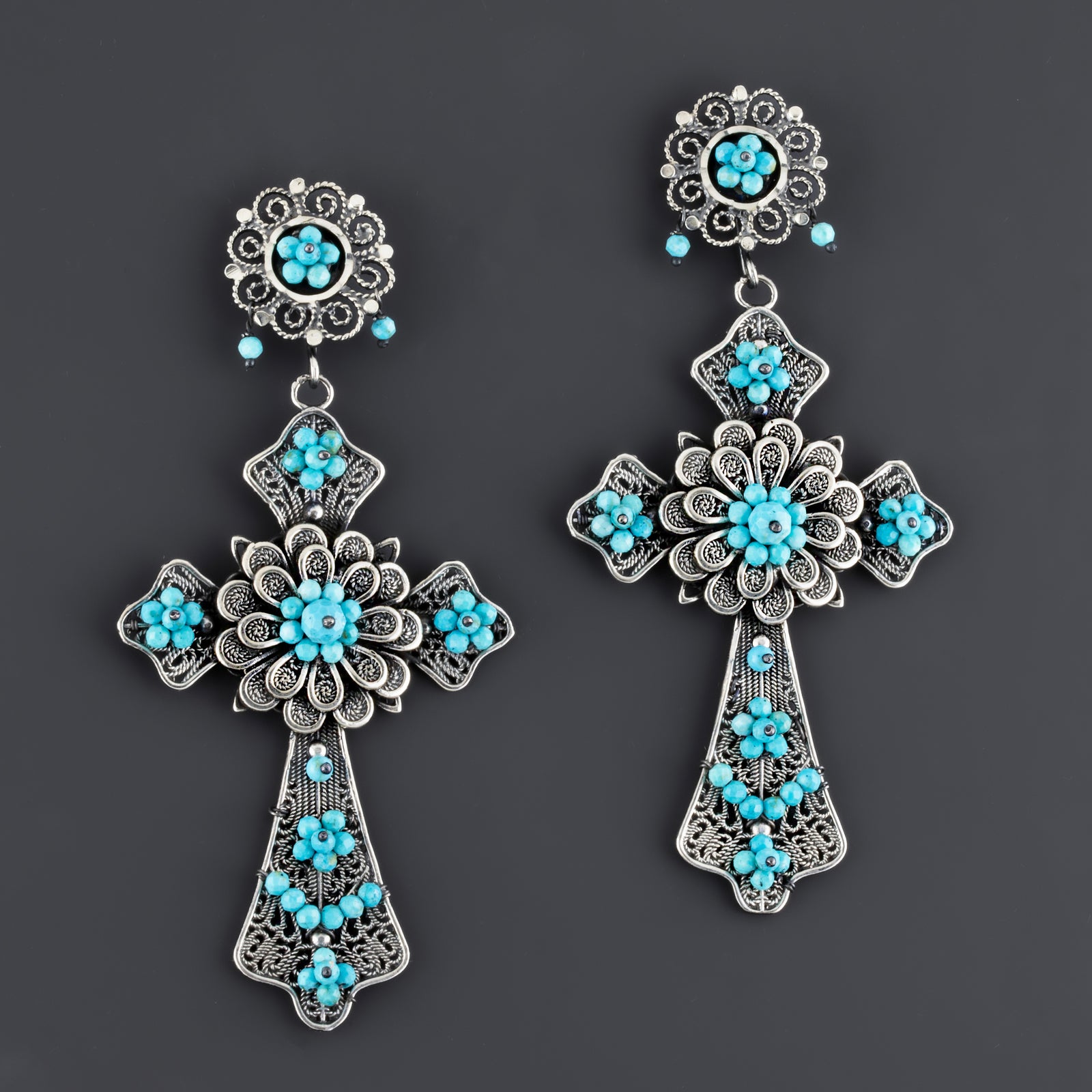 large turquoise filigree cross earrings