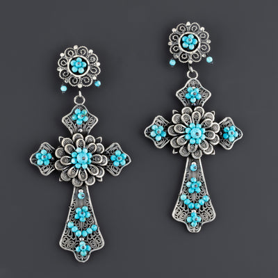 large turquoise filigree cross earrings