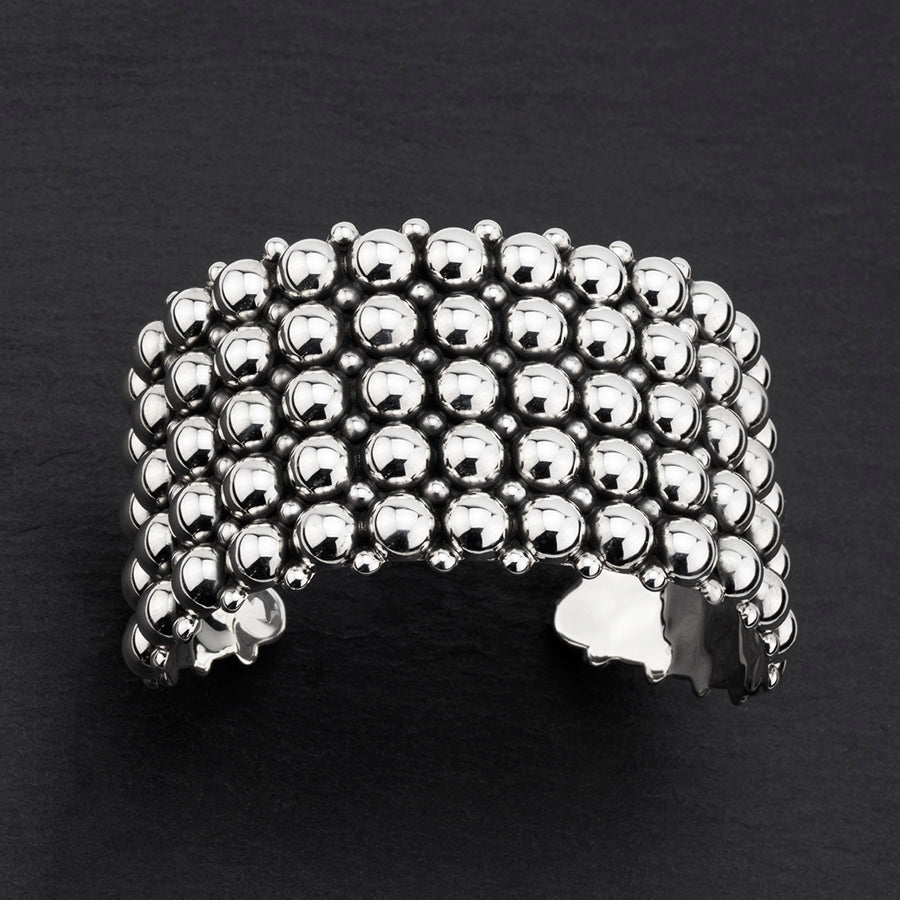 large wide Taxco silver beaded cuff bracelet