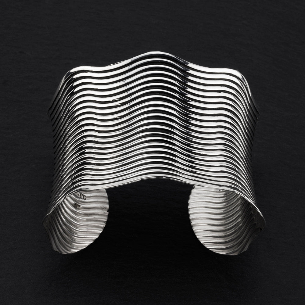 large wide Taxco silver tribal wave cuff bracelet