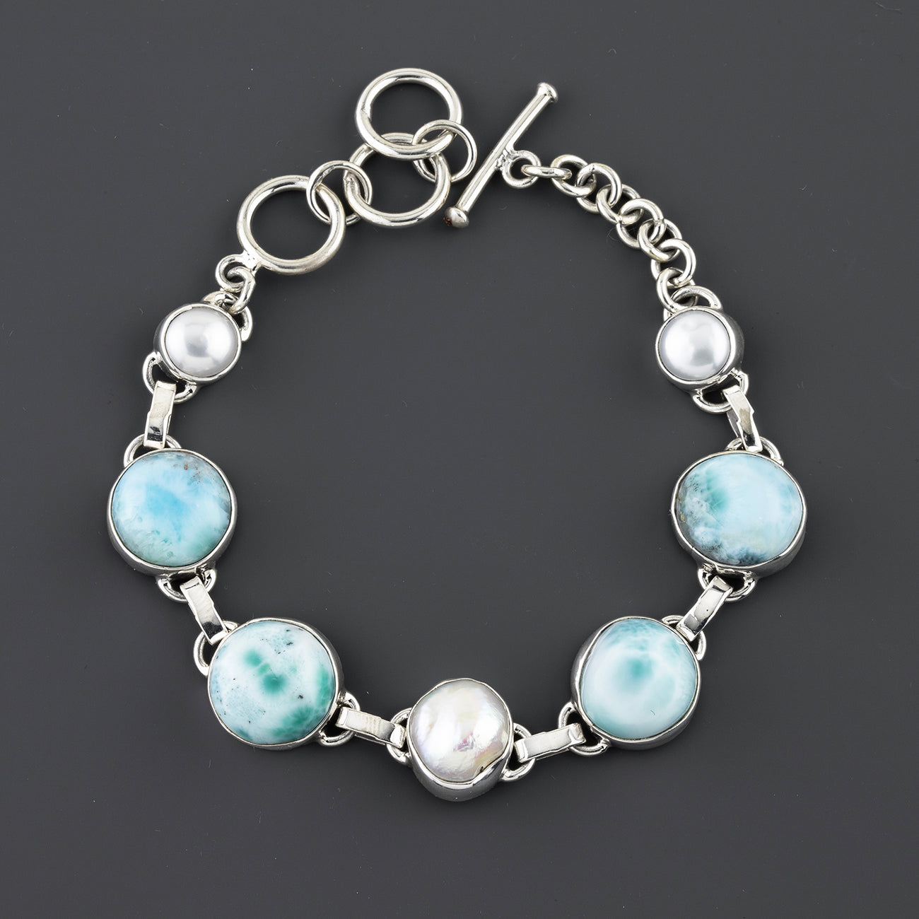 Larimar and Pearl Sterling Silver Link Bracelet - Reveka Rose