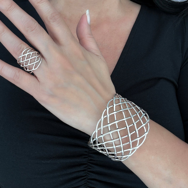 lattice luxe wide silver cuff bracelet