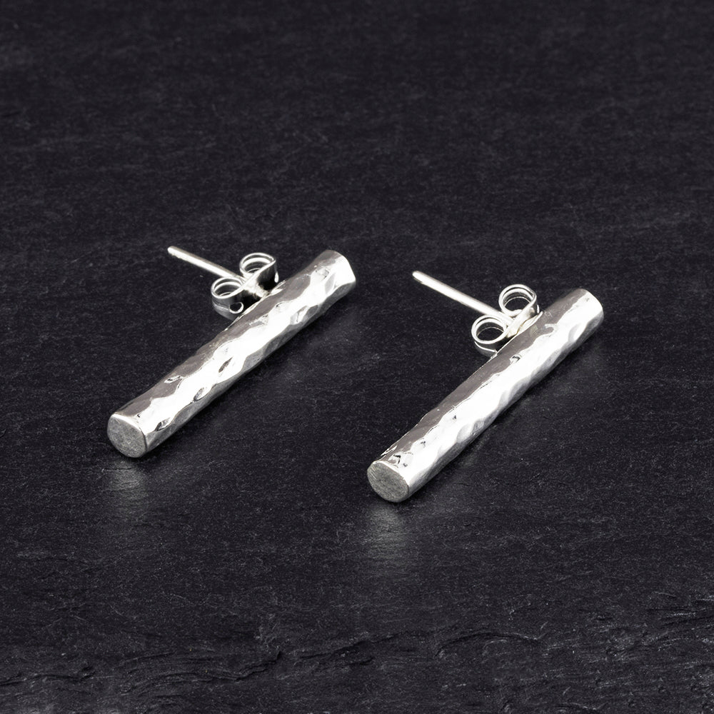 long hammered silver round bar stud earrings