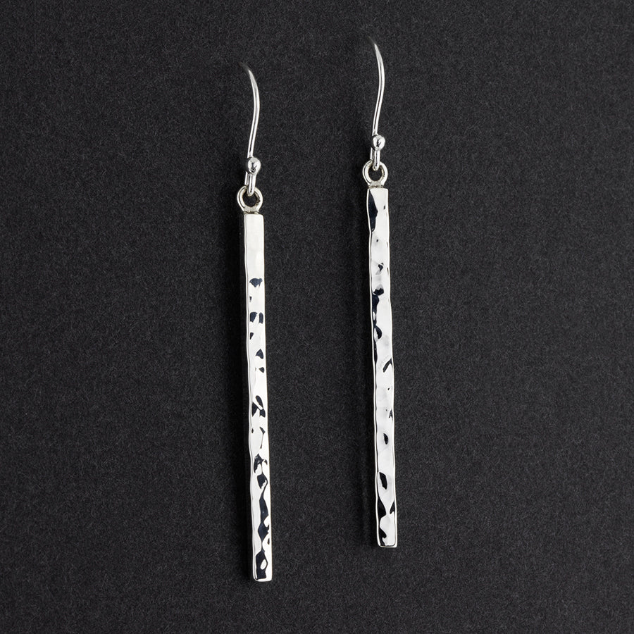 long hammered silver stick drop earrings