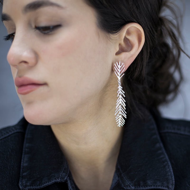 extra long silver leaf dangle earrings