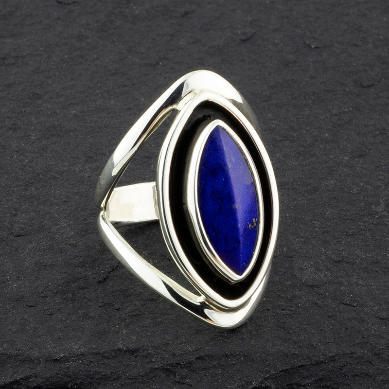 long oxidized silver lapis lazuli ring