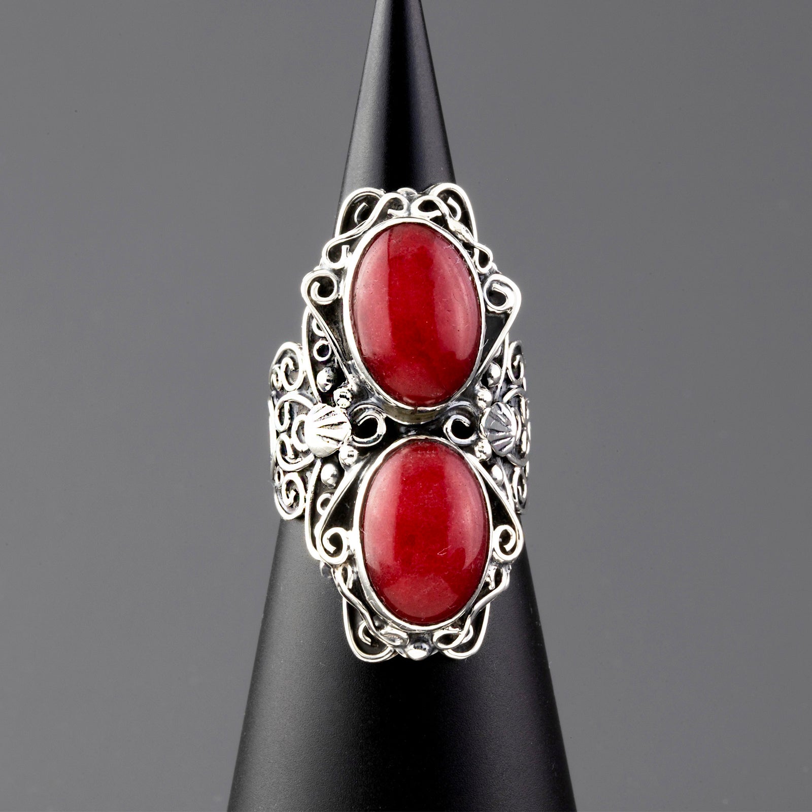 long red coral sterling silver ring