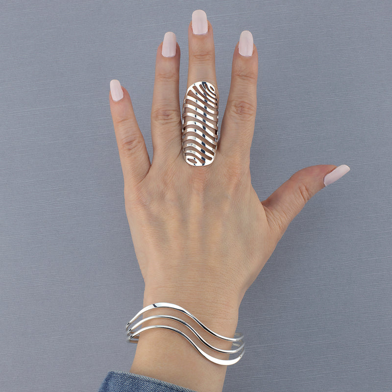 haute wave long sterling silver ring