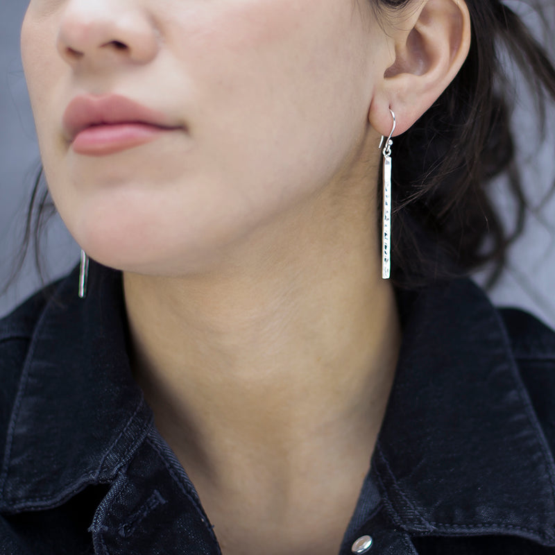 long hammered silver stick drop earrings
