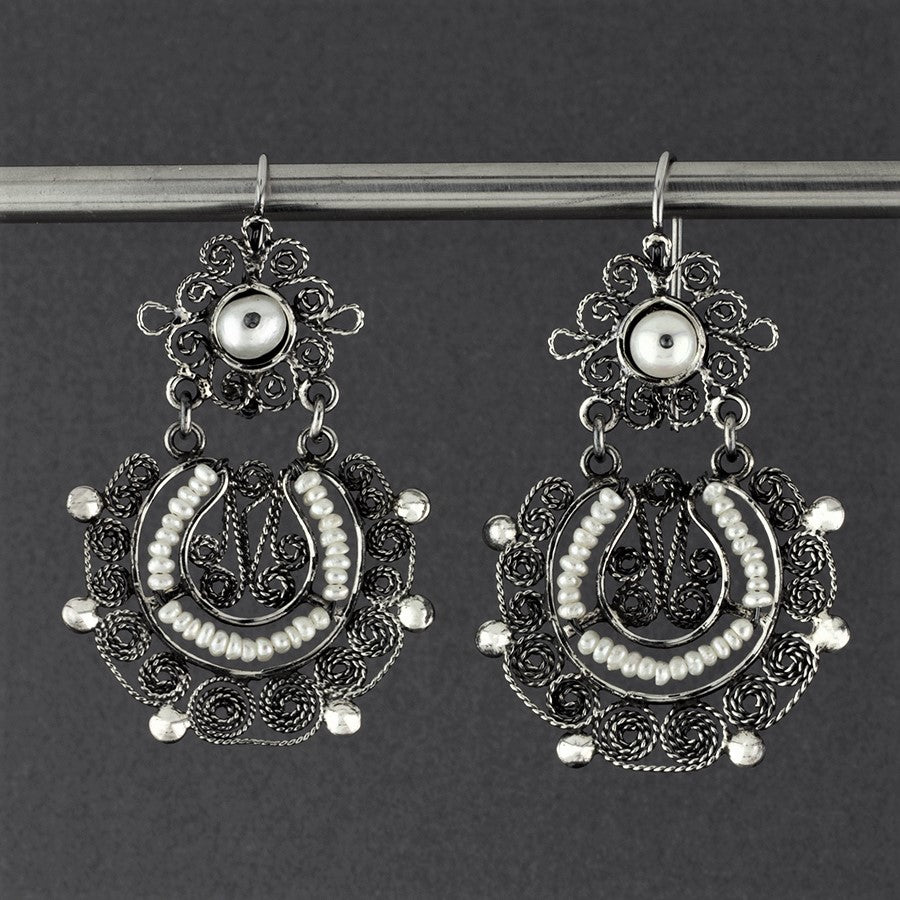 Mexican silver and pearl filigree earrings