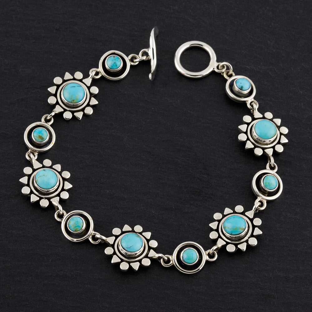 Mexican silver and turquoise sun bracelet