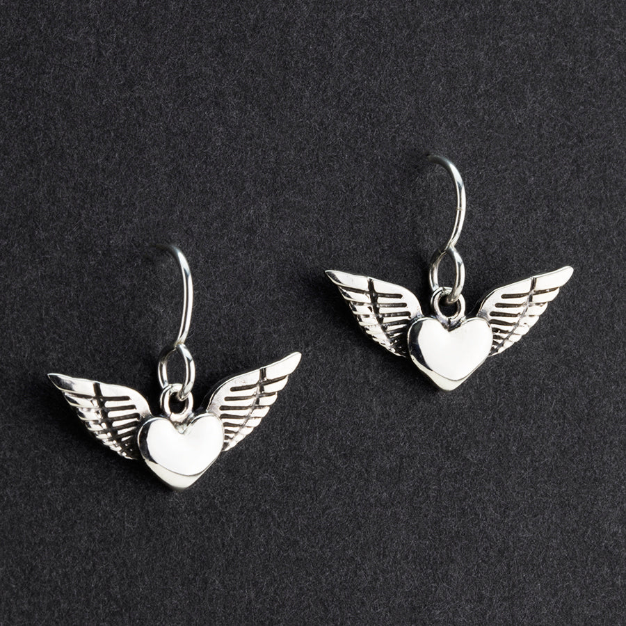 Mexican silver angle wings heart dangle earrings