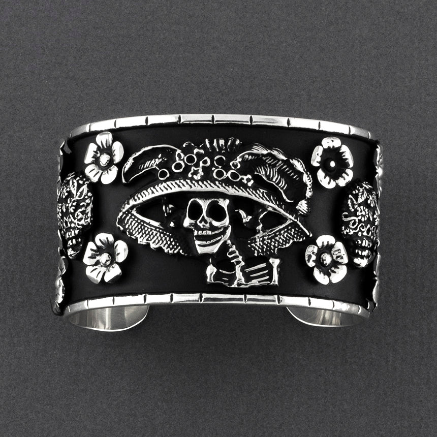 Mexican silver Catrina sugar skull cuff bracelet