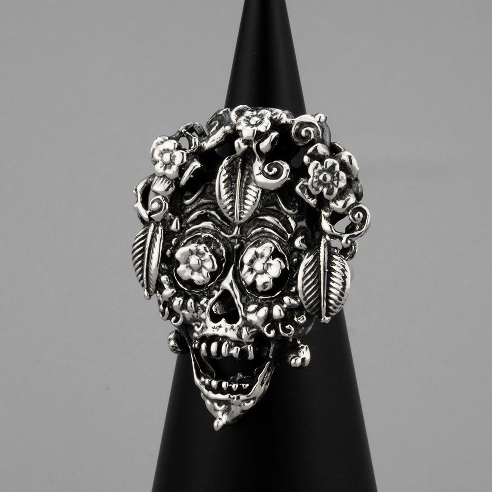 Mexican silver floral sugar skull ring