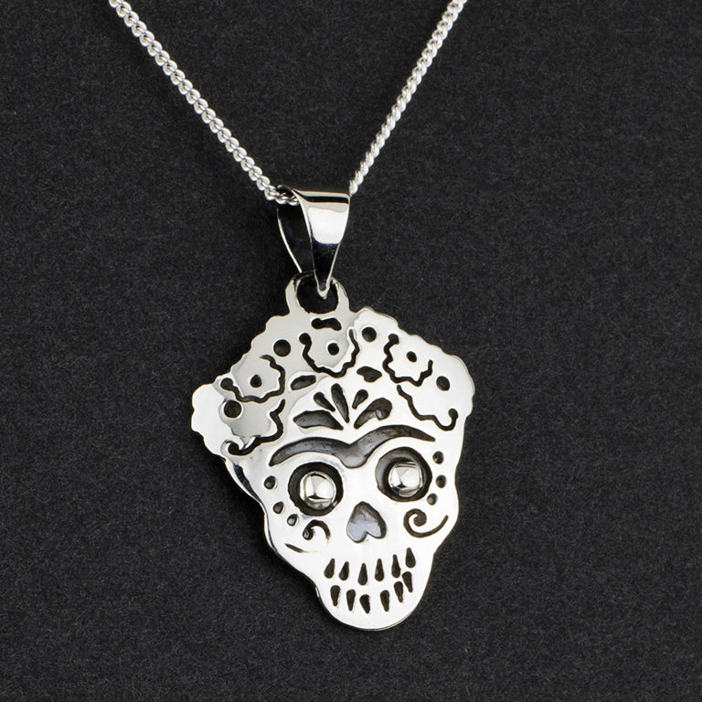 Mexican silver Frida sugar skull necklace