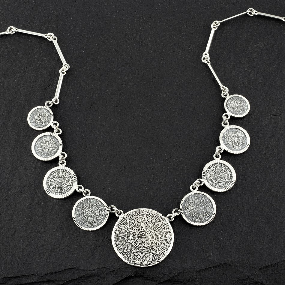 Mexican silver large Aztec calendar necklace