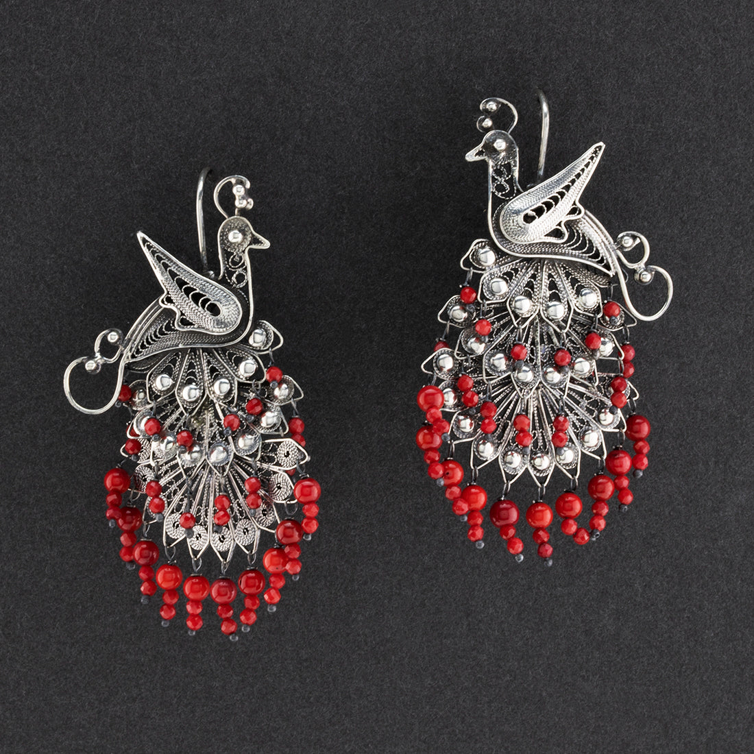 Mexican silver peacock filigree earrings