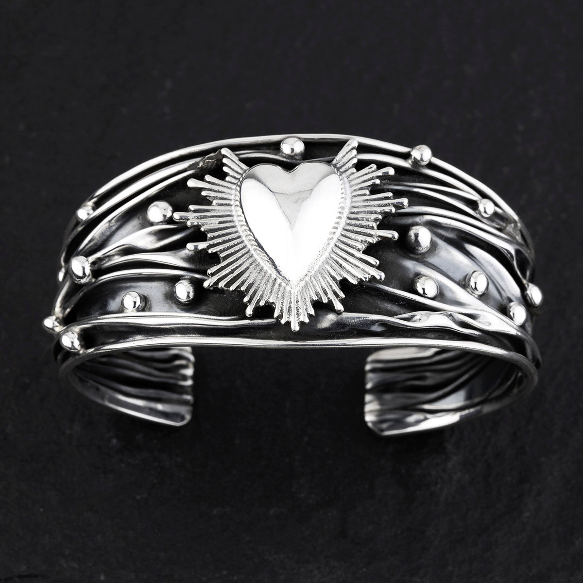 Mexican silver sacred heart Milagros cuff bracelet
