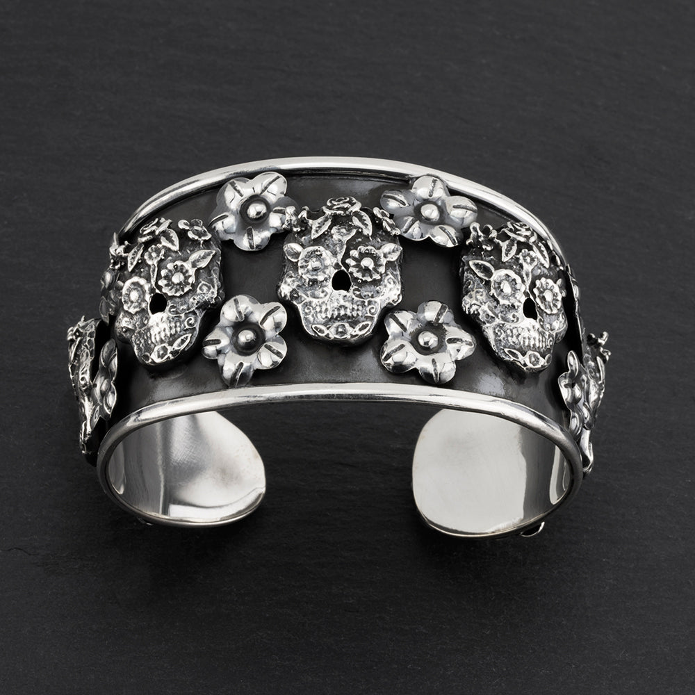 Mexican Silver Sugar Skull Cuff Bracelet - Reveka Rose
