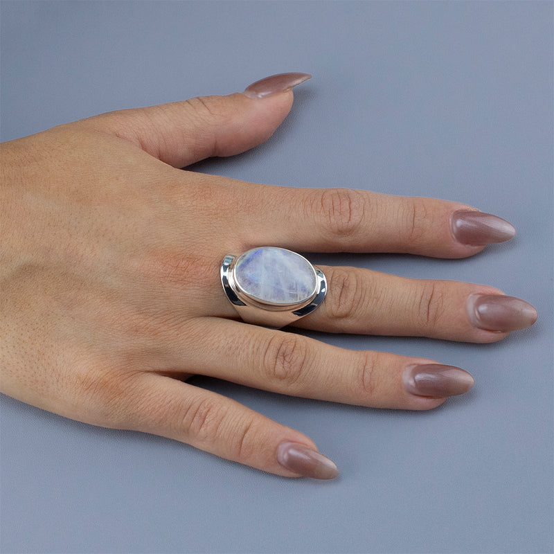 large rainbow moonstone wide band ring