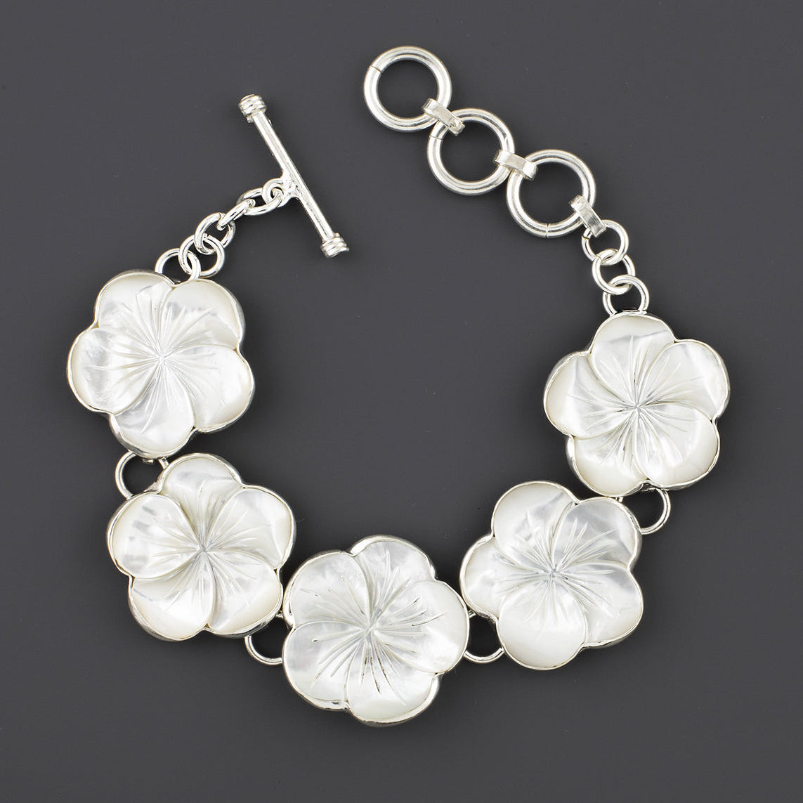 mother of pearl floral silver bracelet
