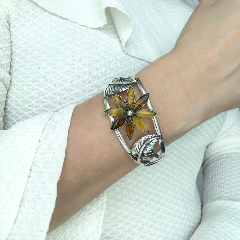 amber floral sterling silver cuff bracelet