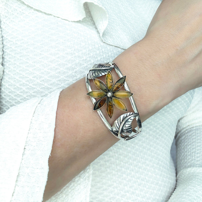amber sterling silver floral cuff bracelet