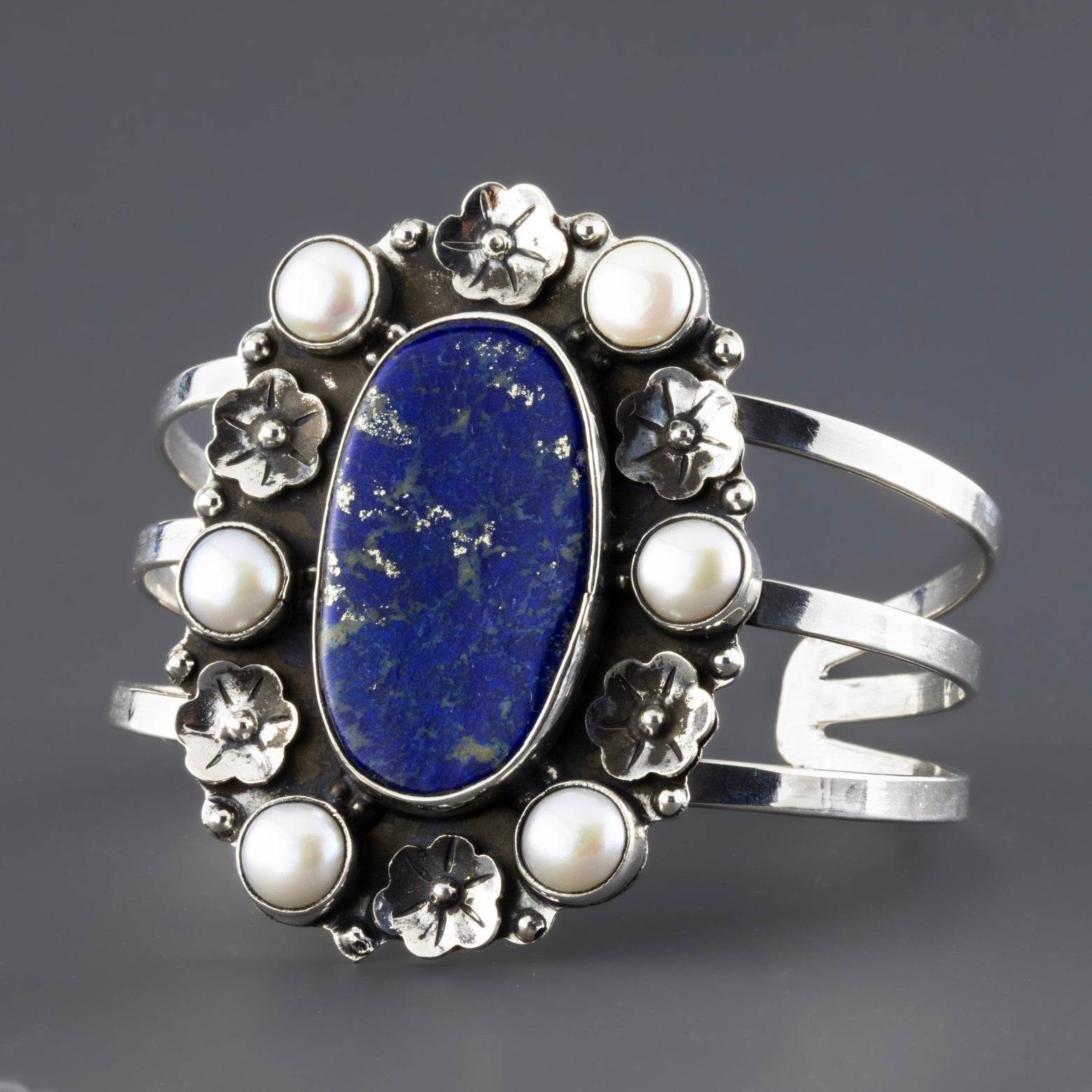 one of a kind lapis lazuli and pearl cuff bracelet