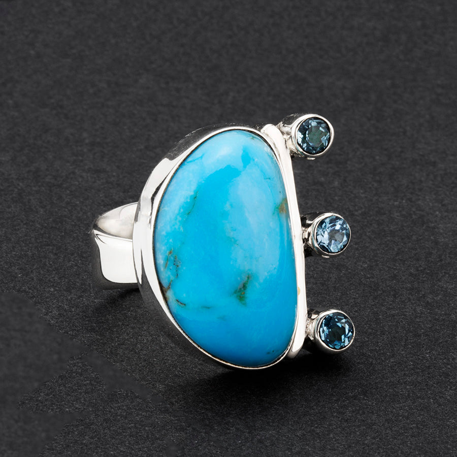 one of a kind turquoise and blue topaz gemstone ring