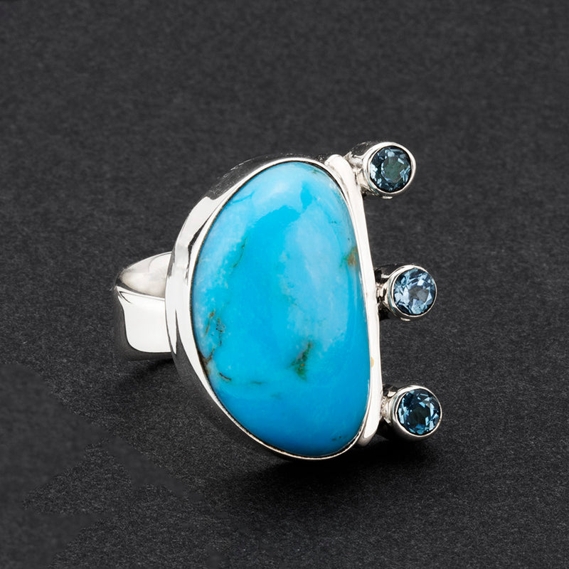 one of a kind turquoise and blue topaz gemstone ring