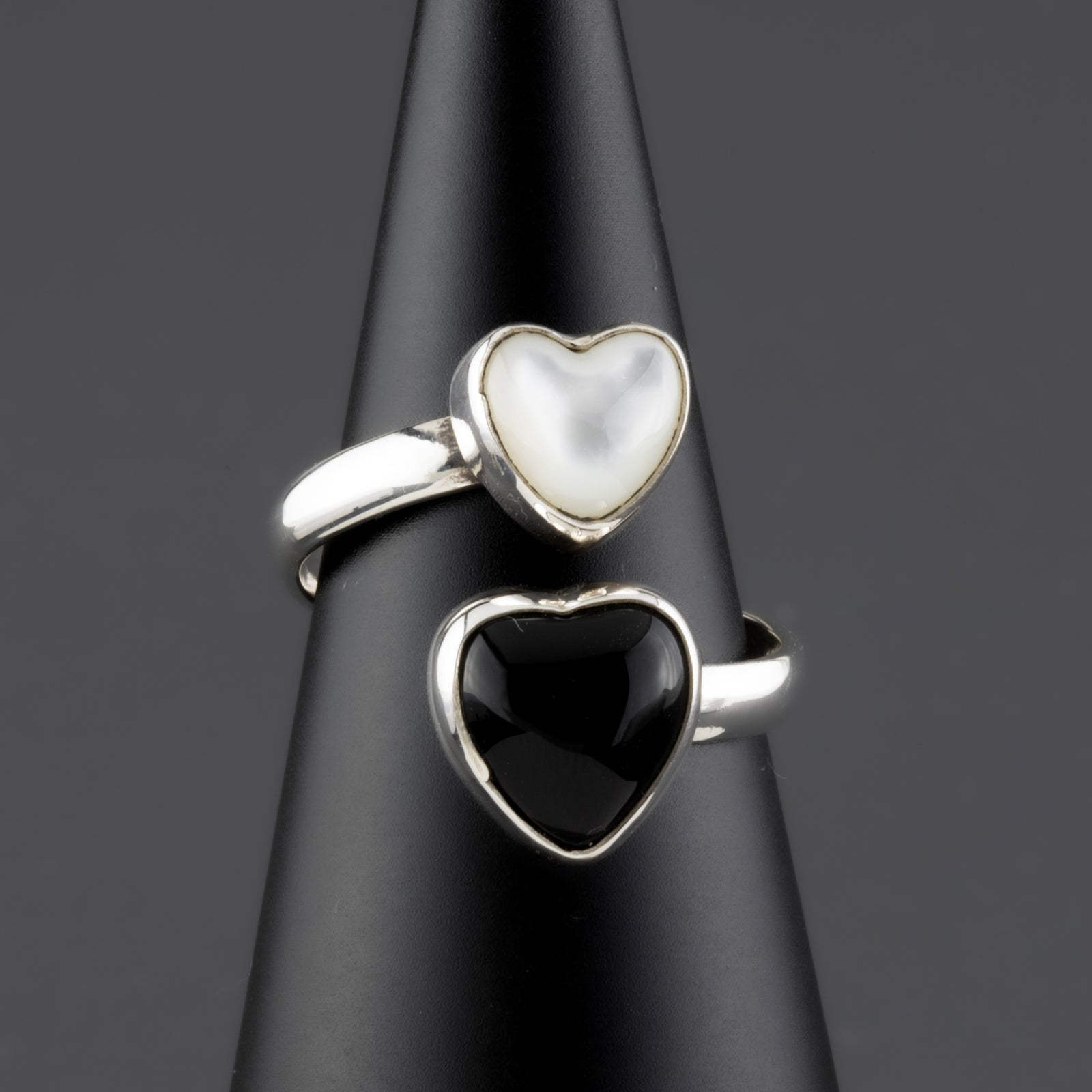 onyx and pearl 2 heart bypass ring